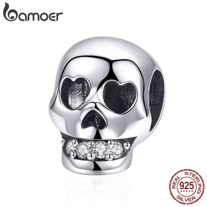 BAMOER 925 Sterling Silver Christmas Skull Head Beads Charm fit Charm Bracelet Halloween Jewelry Making Accessories DIY