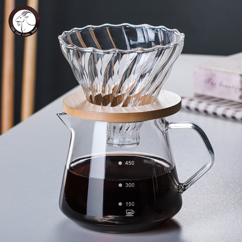 300ML/600ML V60 Hand Pour Drip Coffee Pot Set Wooden Coffee Dripper Holder Glass Pot Set Sharing Pot Brewing Pot Coffee Utensils