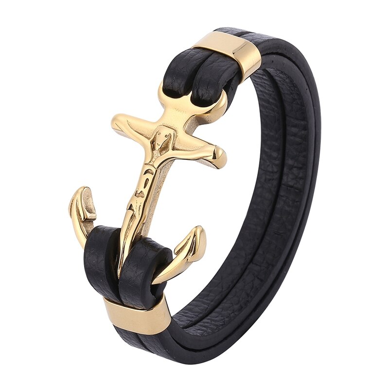 Pulsera de cuero con ancla cruzada para hombre, brazalete de acero inoxidable, Color dorado, para , SP0783