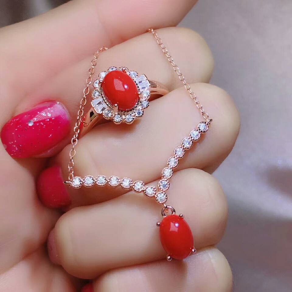 MeiBaPJ Naturale Del Corallo Rosso Insieme Dei Monili Del Fiore 925 Anello in Argento Puro Pendente Della Collana 2 Vestiti Multa Monili di Cerimonia Nuziale per Le Donne