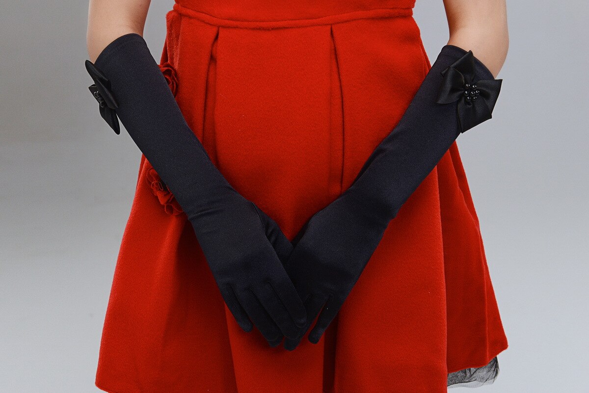 1 par de guantes de lazo de encantadora de boda para niñas y flores, accesorios de comunión para ceremonia, guantes para niños: Black M 4-7Years