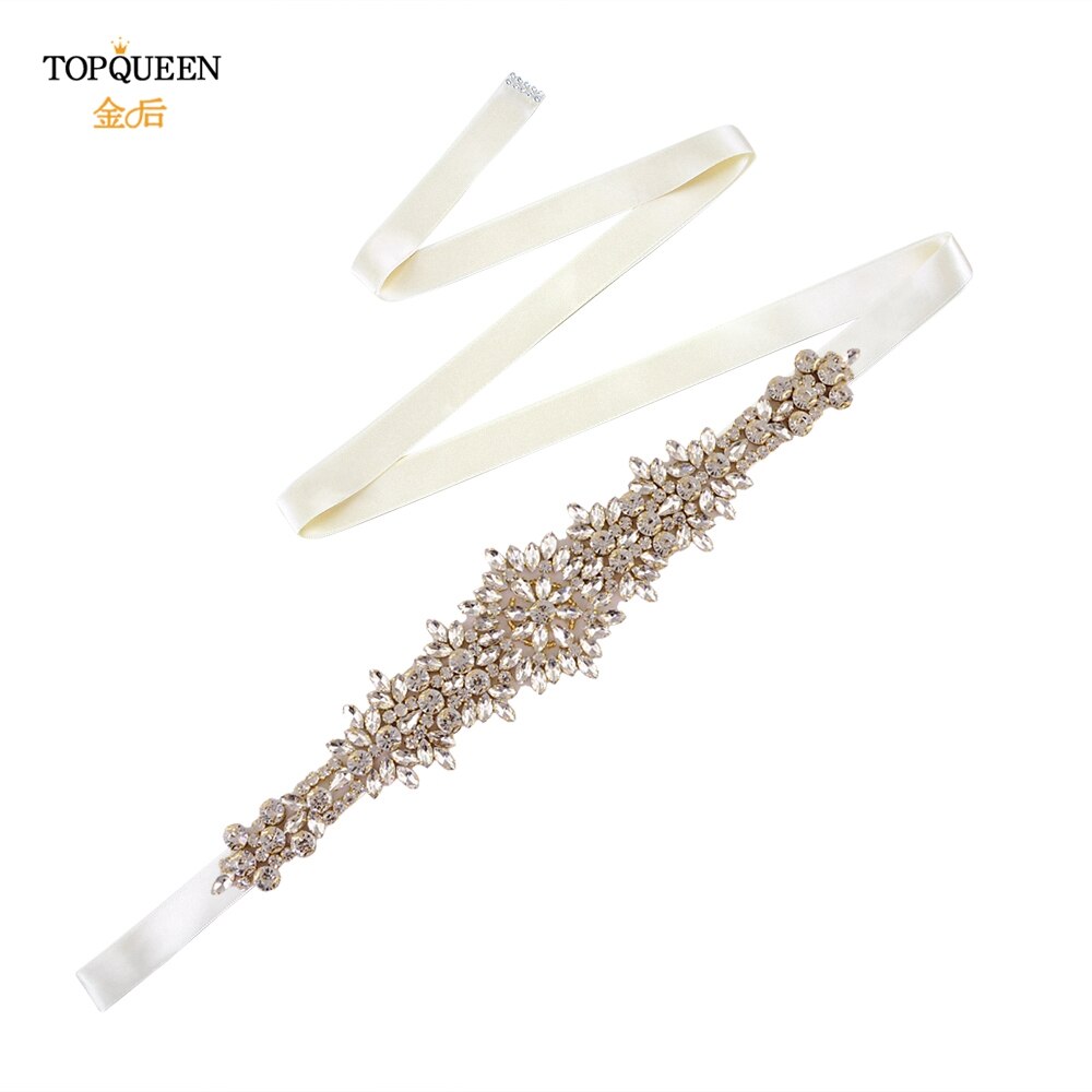 TOPQUEEN-cinturones para vestidos de novia de talla grande S319-G, cinturones dorados para mujer, cinturón de diamantes de imitación, cinta de lujo para novia, faja de boda: Ivory ribbon