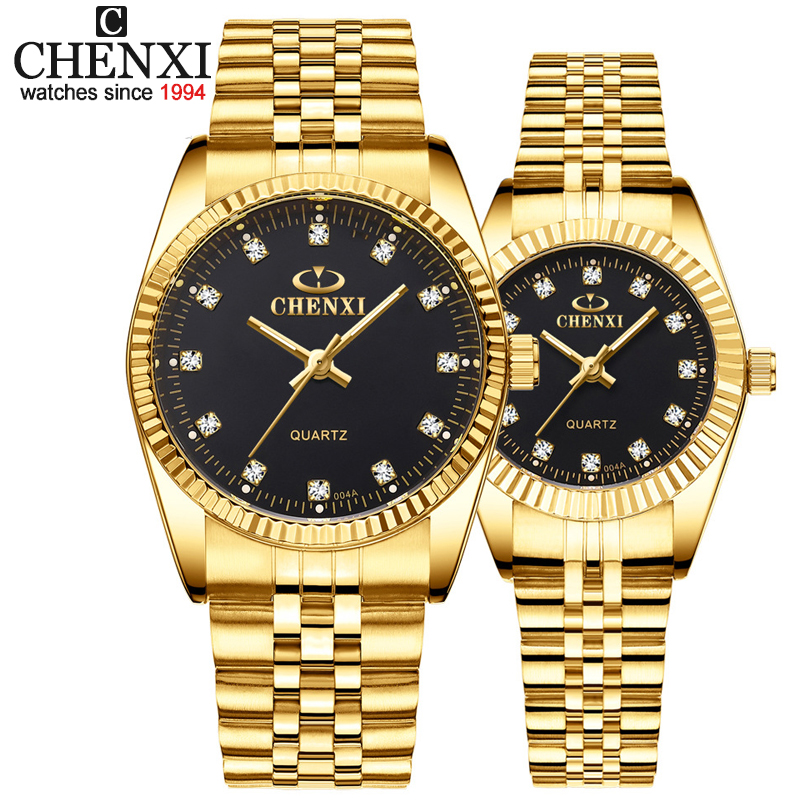 Chenxi Luxe Paar Horloge Golden Rvs Liefhebbers Horloge Quartz Horloges Voor Vrouwen &amp; Mannen Analoge Horloge