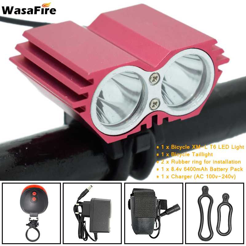 5000 Lumens X2 Bike Light T6 LED Mountain Bike Front Light Bicycle Headlight Cycling Head Lamp + 18650 Battery Pack + Charger: Package L