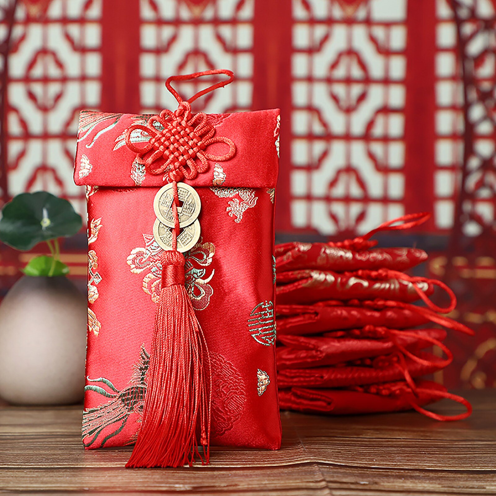 Year Red Envelope Red Celebration Silk 6Pcs/Set Embroidery Pattern Chinese Year Lantern Festival Red Purse