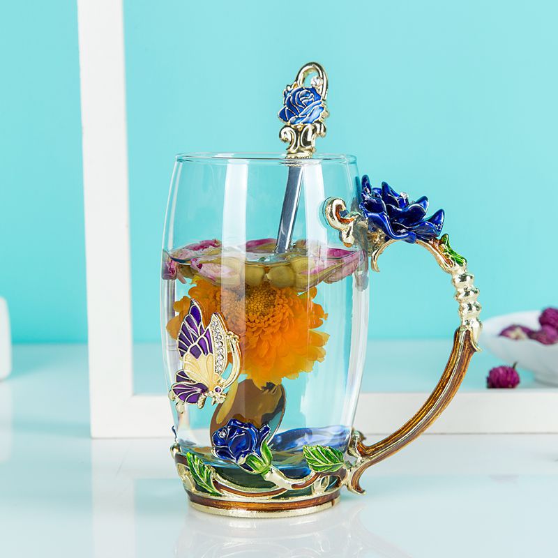 350ml emalj 3d fjärilsros kaffekopp värmebeständig blomma te glas kopp sked set dricksglas bröllop: Hög stil