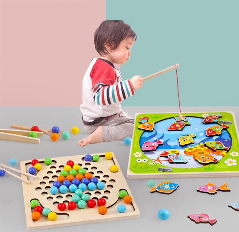 Bambini gioco di pesca di legno a dovuto-in-uno per bambini prima educazione insegnamento aiuti clip di perline concentrazione di formazione 1 istruzione