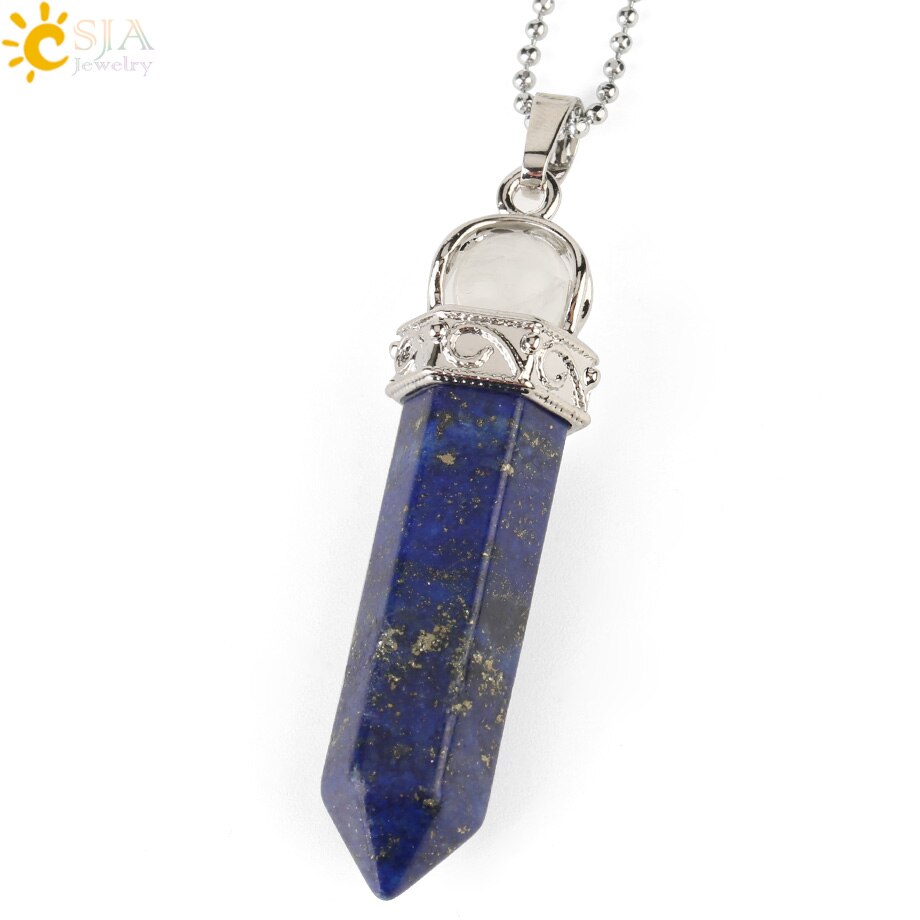 CSJA-colgante de piedra Natural para hombre y mujer, columna hexagonal puntiaguda, pilar de Cristal púrpura blanco y rosa, collares, G287: Lapis Lazuli Chain