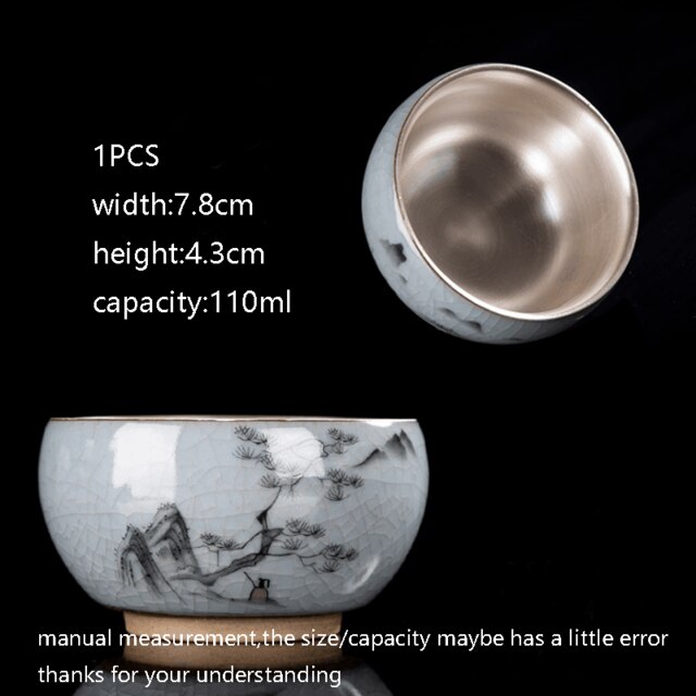 110ml 999 taza de té de plata pura hecha a mano de cerámica pintada a mano maestro pequeño cuenco taza de té de colección