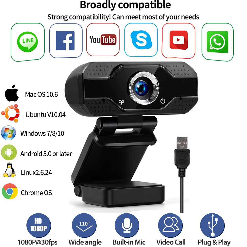 Usb Plug-In Web Camera Volledige 1080P Hd Voor Live-uitzending Video Bellen Conferentie Werk Pc Camera Mini computer Camera Voor Desktop: Black