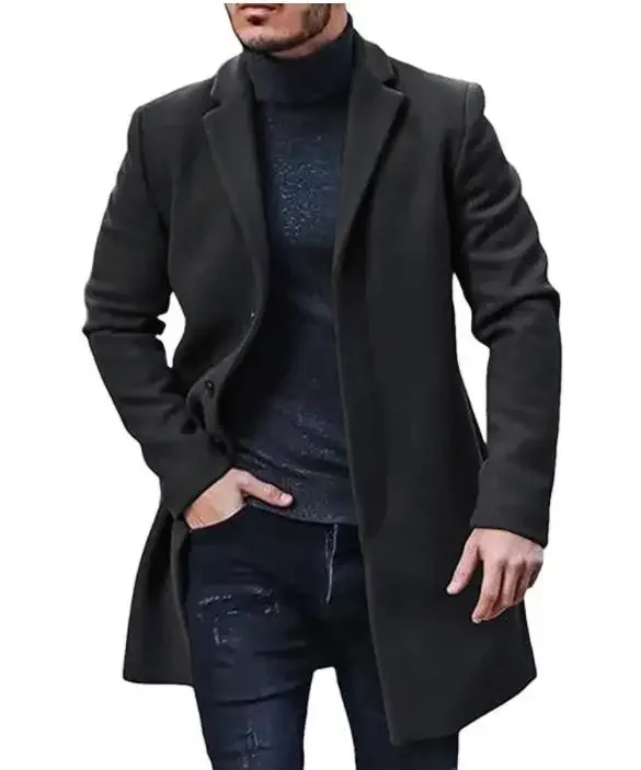 Men's Spring Autumn Mid length Cotton Coat Wool Blended Solid Color Casual Business Slim Fit Windproof Jacket: XXL / black