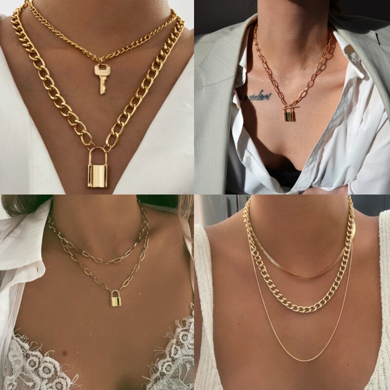 Trendy Key Lock Pendant Necklace For Women Men Punk Big Chunky Chain Multilayed Lock Pendant Necklaces Jewelry Party