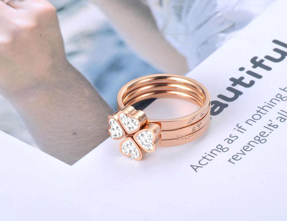 JeeMango Classic 3 In 1 Rose Gold CZ Crystal Love Heart Flower Ring Jewelry Stainless Steel Wedding Ring For Women Girls JR19074