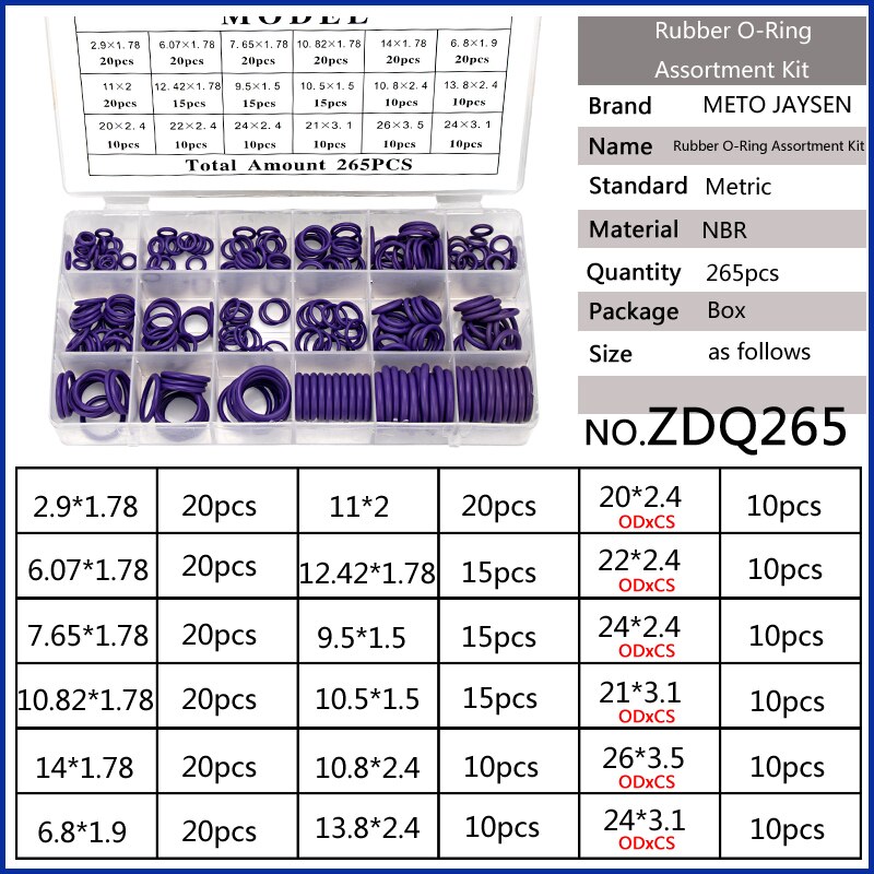 270PCS Paars Natuurlijke Buna Rubber (NBR) O Ringen Assortiment Set Vervanging Afdichting Spare Pakking Kits O-Ring 18 Maten Beschikbaar: ZDQ265 x1