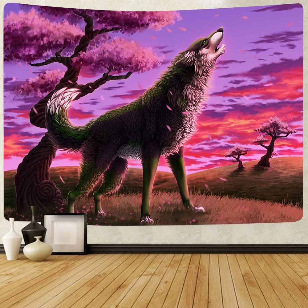 Simsant wolf and forest tapestry animal jungle art vägghängande gobelänger för vardagsrum sovrum sovsal hem filt dekor