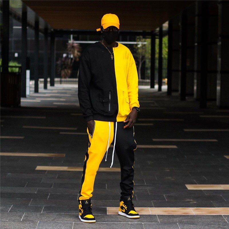 GITF hommes survêtement salle de Sport Fitness Sport costume vêtements en cours d'exécution Jogging vêtements de Sport exercice d'entraînement couture hip hop ensembles hommes: yellow / 3XL