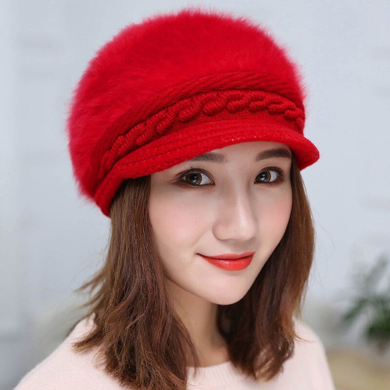 Women Warm Fleece Inside Twist Crochet Knitted Visors Cap Autumn Winter Brim Wool Hat Solid Color Soft Beanie Female: Red