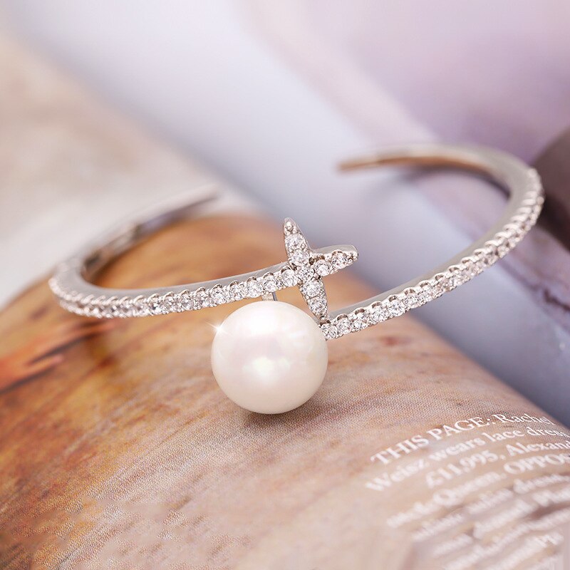 SWOUR Neue Schmuck Weiß Gold Farbe Zirkonia Perle Kreuz Stern Eröffnung Stulpe-armband Bijoux Für Frauen S516