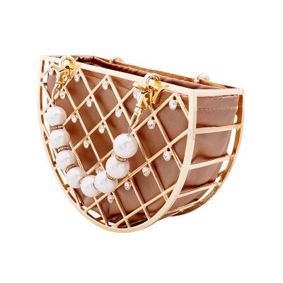 Bolsa de design dourada para mulheres, bolsa feminina com enfeite de pérolas, corrente de mão para casamento, de noiva