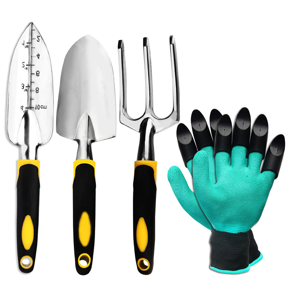 Gartenwerkzeug-Set, 4er-Pack mit Kelle, Cultivator-Handrechen, Transplantationskelle, Gartenhandschuhe zum Jäten, Bodenlockerung
