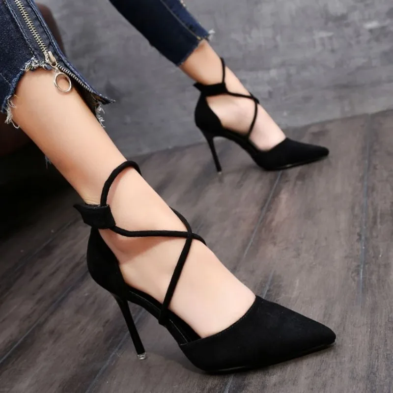 2024 nuevas sandalias romanas con tiras cruzadas, Zapatos De tacón alto De gamuza para Mujer, sandalias puntiagudas De tacón fino con hebilla De una línea, Zapatos De Mujer