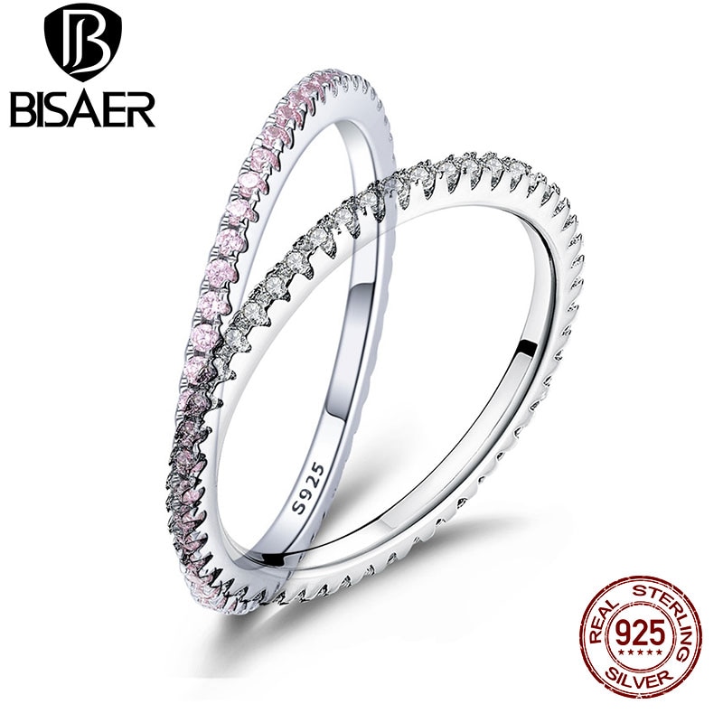 Genuine 925 Sterling Silver Simple Clearly CZ Round Circle Stackable Finger Rings for Women Engagement Ring Jewelry