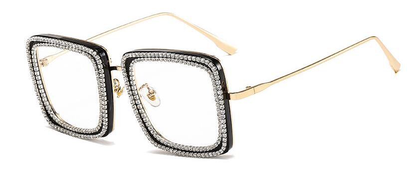 Brilmontuur met strass, heldere glazen, vierkante bril, metalen montuur, optische bril zonder sterkte, transparante bril: Zwart helder