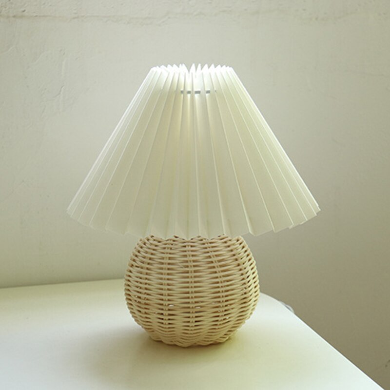 Koreansk plisseret bordlampe ins diy keramiske bordlamper til stuen boligindretning sød lampe med trefarvet led pære ved siden af lampen: Rattan og hvid