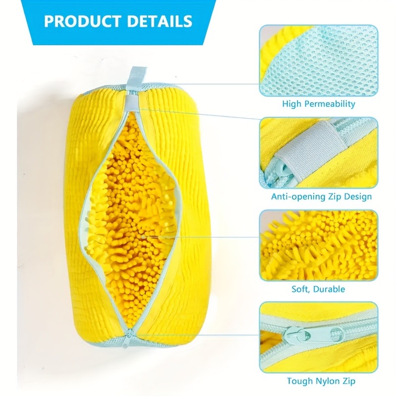 1pc Durable Shoe Washing Machine Bag for All Shoe Types - Yellow with Blue Zipper, Oval Protective Laundry Bag with Rich Fluff I