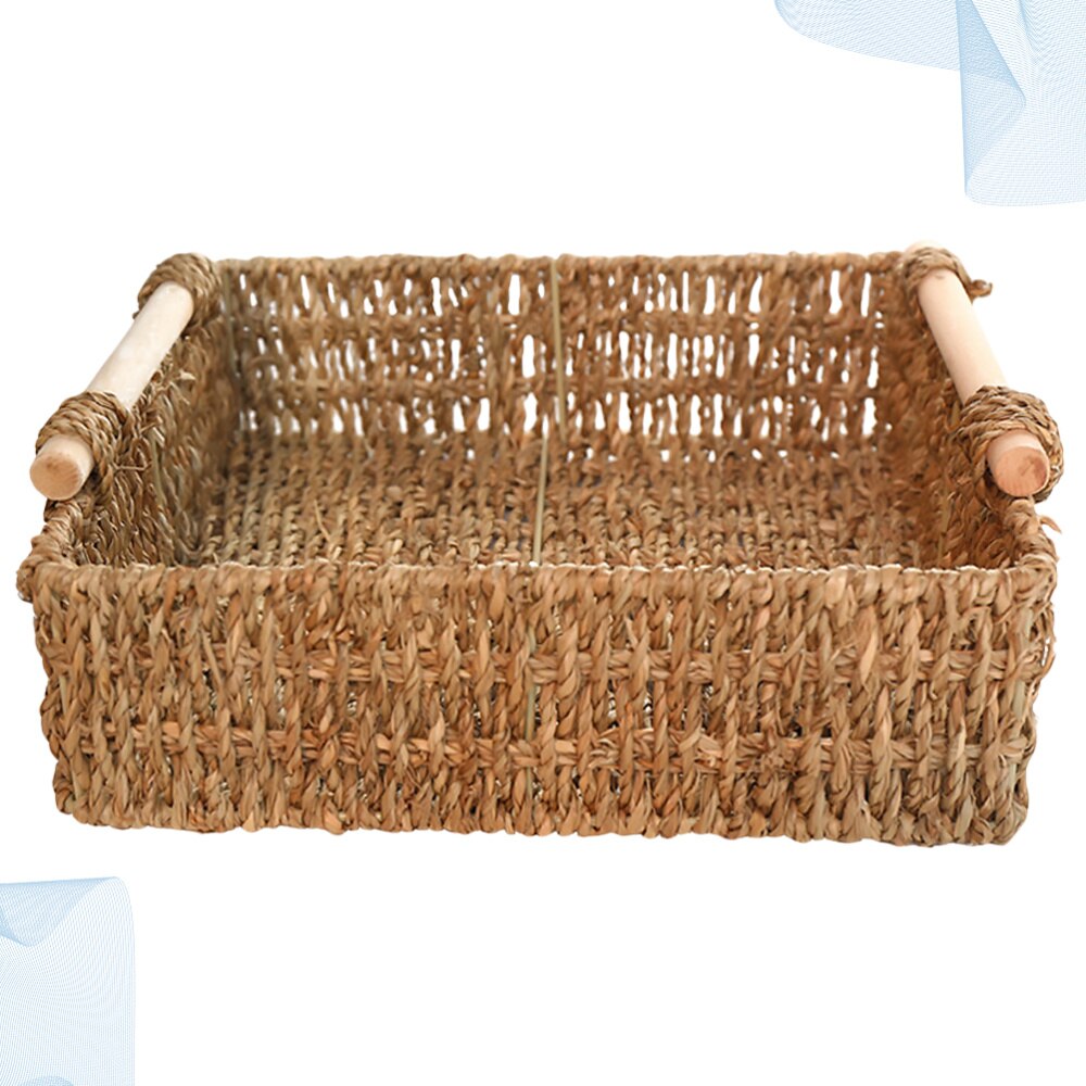 Straw Basket Wooden Handle Table Simple Storage Basket for Sundries Cosmetics Key (Small Size 21x21x5cm)