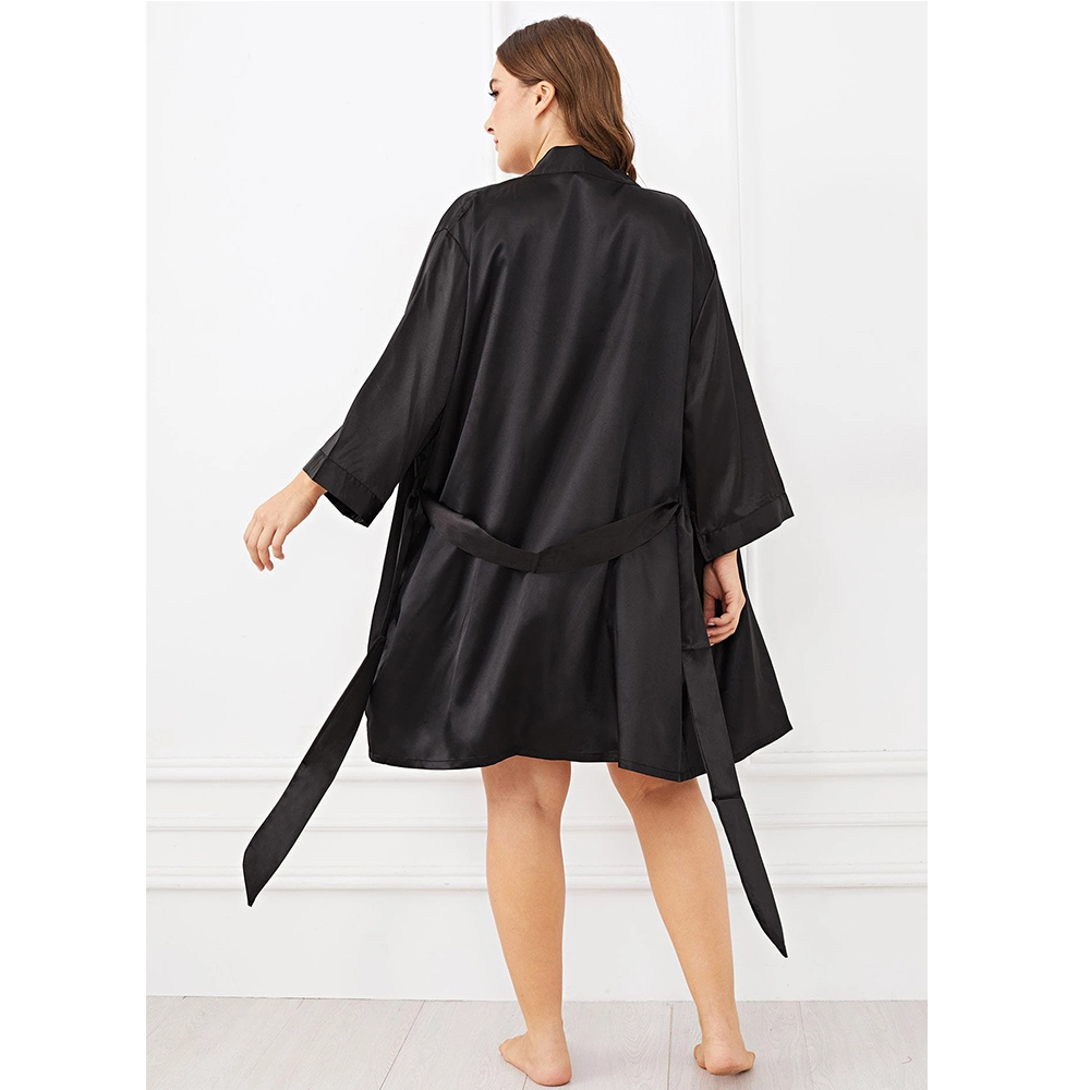 Plus Size Silk Women Sleep Wear Bathrobe Nightgown Black Long Sleeve Sash Female Sleepwear Bathgown Large Lady Home Night Dress