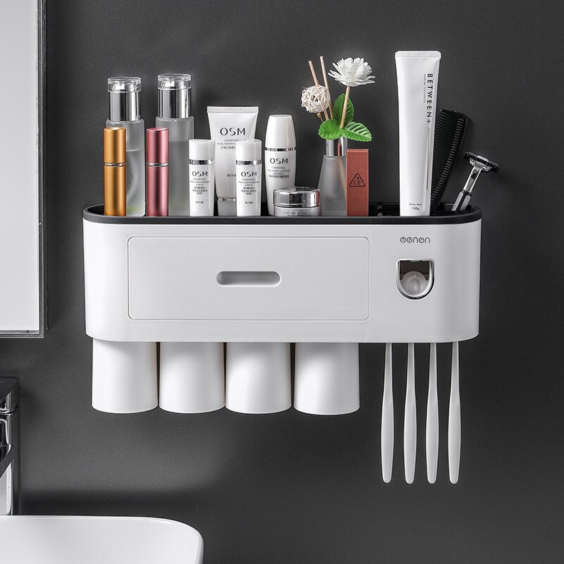 Magnetic Adsorption Toothbrush Holder Automatic Toothpaste Squeezer Home Storage Shelves Wall-mounted Bathroom Accessories Set: 4 Cups Black