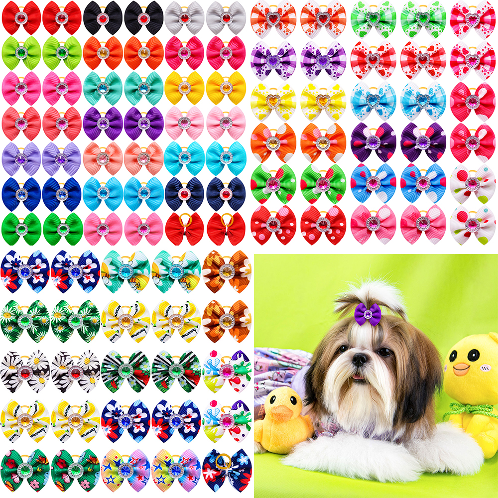 20 pièces été chien cheveux arcs chien arcs avec diamant coloré toilettage élastique pour petit chien animal de compagnie filles toilettage cheveux accessoires