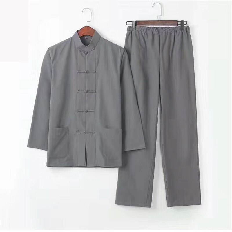 Mannen Effen Kung Fu Pak Chinese Traditionele Mannelijke 100% Katoen Losse Tai Chi Sets Jas + Lange Broek 2pc