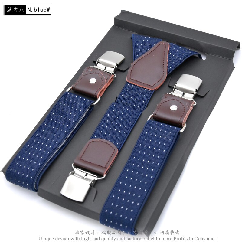 Men&#39;s Suspenders Leather Suspender Men Casual Suspensorios Trousers Strap 3.5*120cm For Dad Tirantes: N.blue white