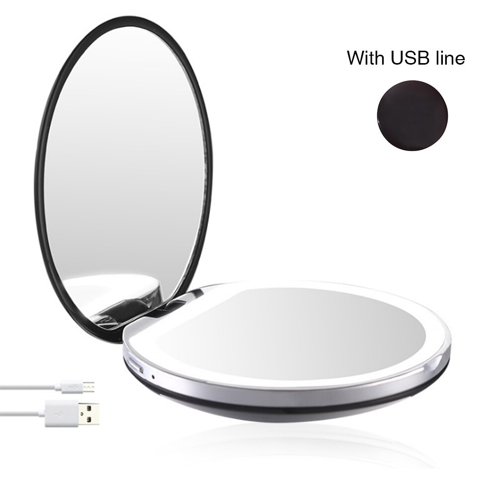 3x forstørrende foldbart led lys mini makeup spejl kompakt lomme ansigtslæbe kosmetisk spejl rejse bærbart lys makeup spejl: Sort