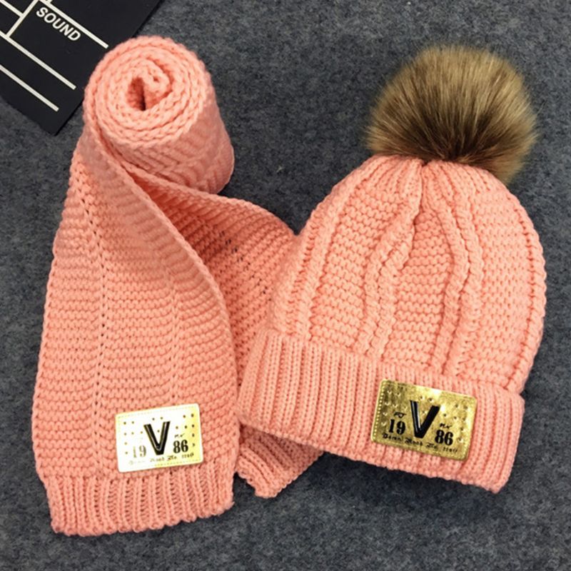 Småbørn børn vinter chunky hæklet pompon varm foring beanie hat langt tørklæde sæt
