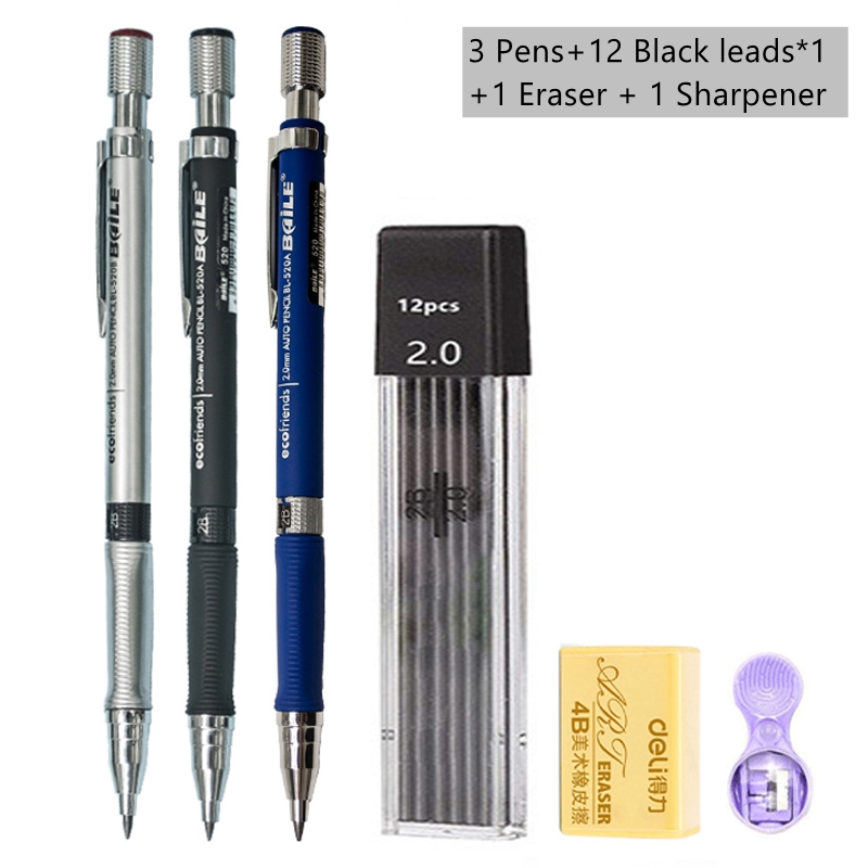 Mechanical Pencil Set 2.0 mm with 2B Black/Colors Lead Refill For Writing Sketching Art Drawing Painting School Automatic Pencil: WHITE