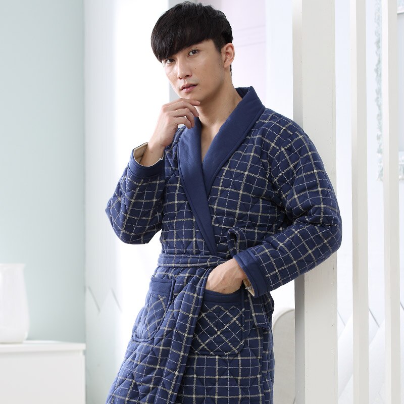 Winter Autumn Plaid 3 Layers Thick Cotton Quilted Men&#39;s Bath Robes Gentlemen&#39;s Homewear Big Yards L-3XL Male Sleepwear Lounges
