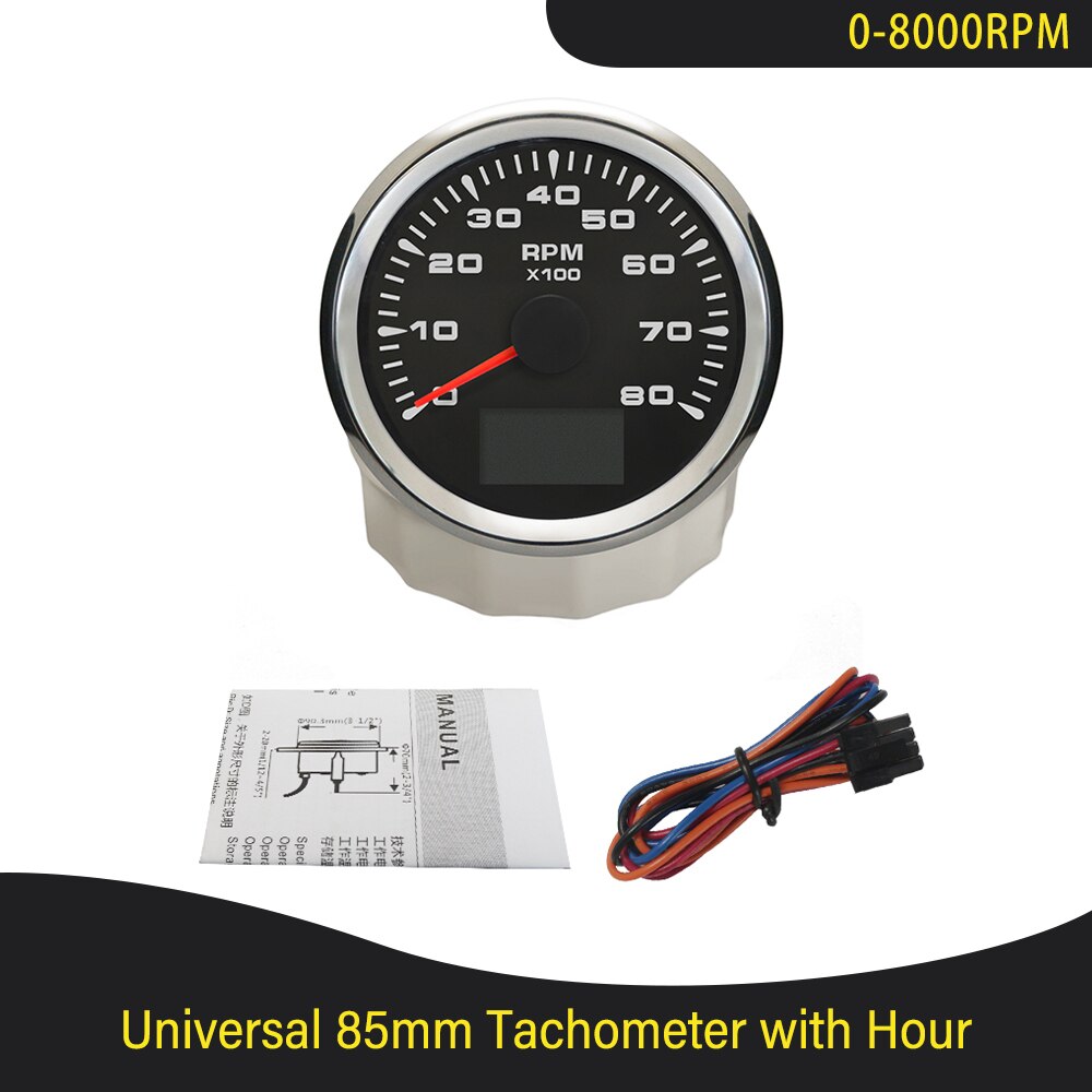 Universal 3K 4K 6K 8K Tachometer Gauges 85mm Lcd Rev Counters With Trip Hour Meter Speed Ratio for Auto Truck Boat Backlight: 8K BS