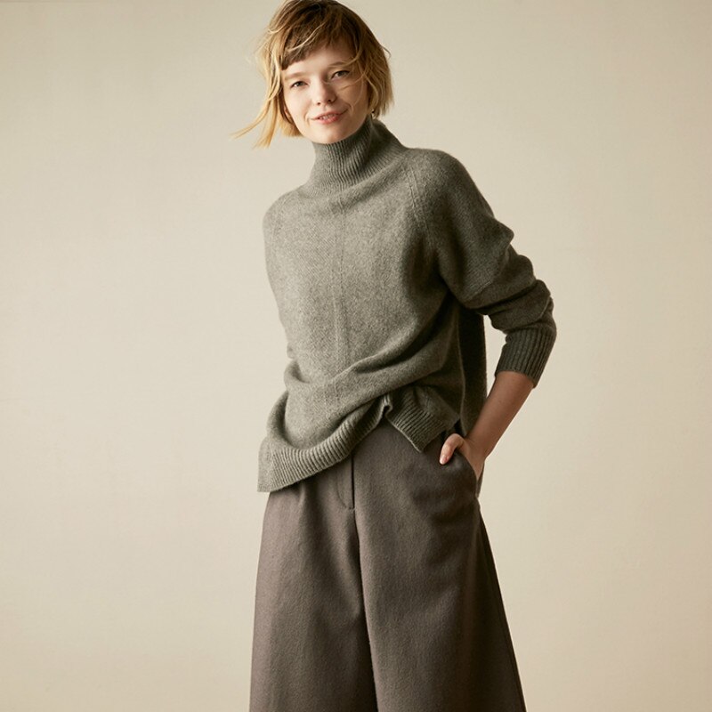 Höst och vinter cashmere tröja lös retro ull dam turtleneck tröja stickad tröja varm tröja