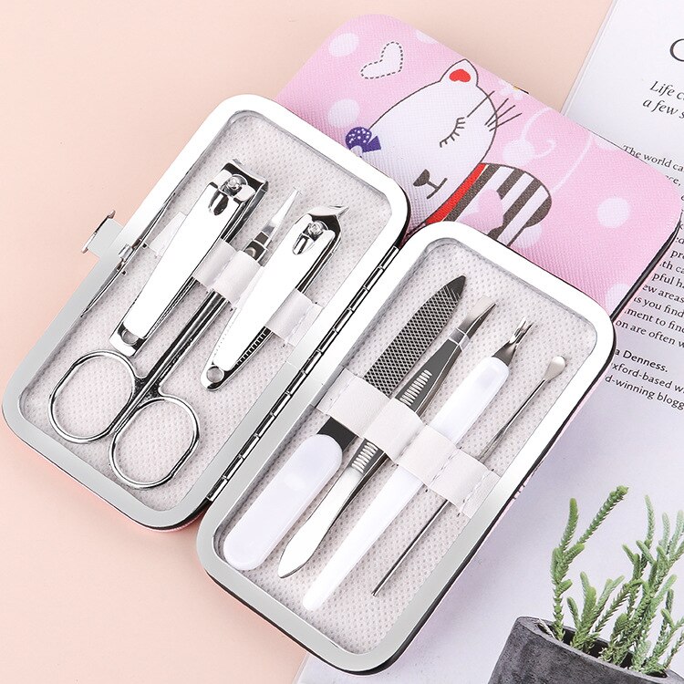 7 PCS Nail Clippers Kit Stainless Steel Compact Portable Complete Multi-purpose Nail Cutter Scissor Manicure Pedicure Tool: 7pcs Cat