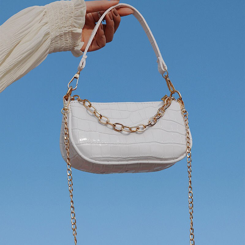 Krokodillemønster læder crossboay taske til kvinder små baguette håndtasker luksus dame clutch pung skuldertaske: Hvid