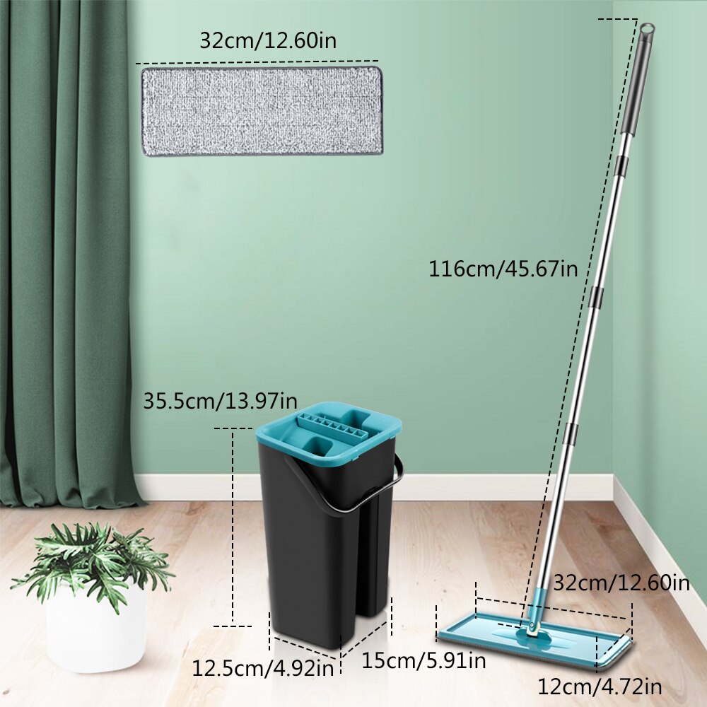 Squeeze Mop Bucket Wringer Set Flat Floor Mop Cleaning Wet Dry Upgraded Self-Balanced Easy Press 6 Washable Microfiber Mops Rags
