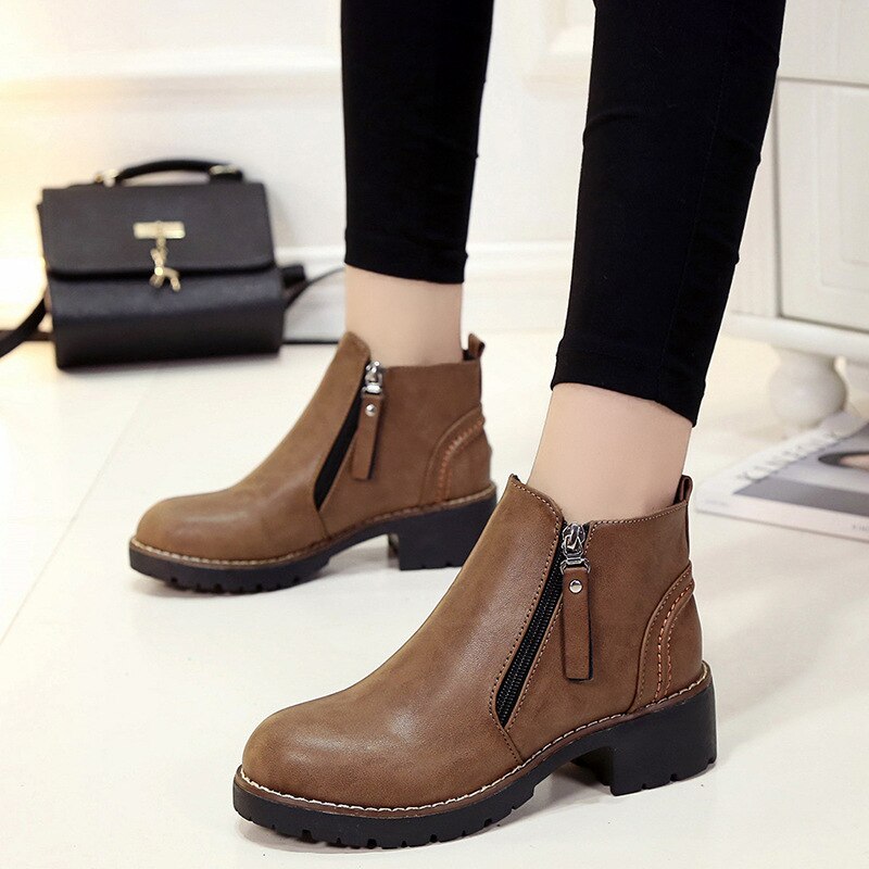 Bottes d'hiver cheville zippée femmes chaussures Martin bottes chaussures de loisir à la femme talon carré Med (3cm-5cm) bout rond plate-forme chaussures