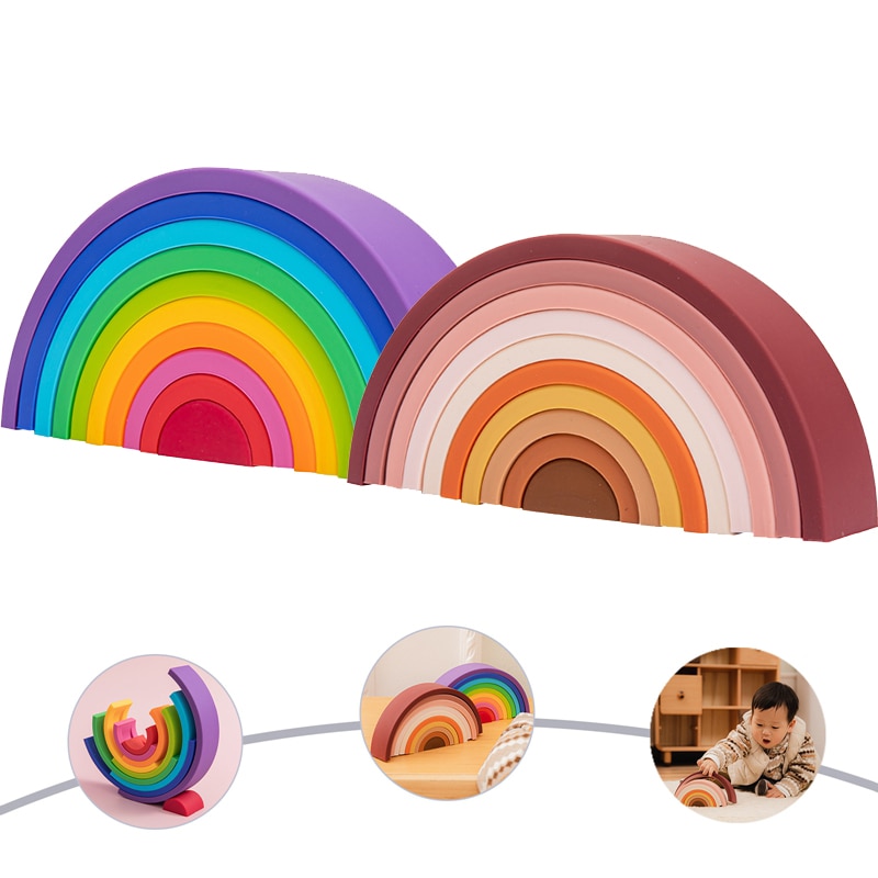 1Set Baby Regenboog Kleuren Siliconen Stapelen Speelgoed Montessori Creatief Speelgoed Bpa Gratis Food Grade Siliconen Vroege Onderwijs Kinderen