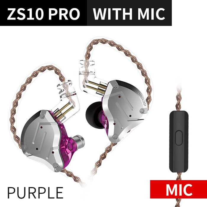 Kz  zs10 pro aptx hd bluetooth-kabel i örat hörlurar hybrid 4ba 1dd hifi bas hörlurar metall hörlurar sport för iphone: Zs10 pro lila mikrofon