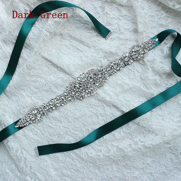 Stil rhinestone bryllup bånd bælte tilbehør brud brudepige brude sashes bælter til brudekjole på lager: Mørkegrøn