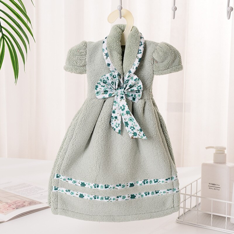 Bathroom Cute Hanging Towel Coraline Bow-knot Skirt Soft Thick Printed Flower Girls Dress Hand Towel for Children to Wipe Hands: Green