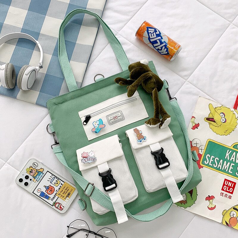 Student Backpack Book Bag Large-capacity Canvas School Class Female Bag Girls Canvas Shoulder Messenger Crossbody Bag: green with frog